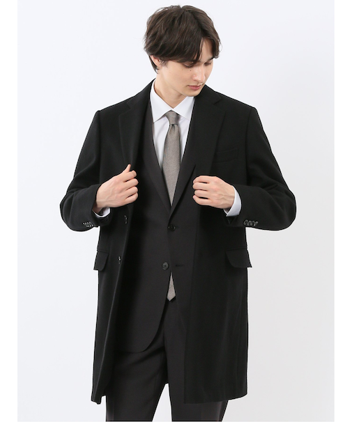 ウール混 チェスターコート 無地黒