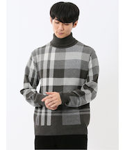 ウォッシャブル ストレッチ チェック柄 タートルニット