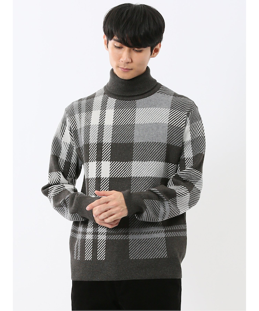 ウォッシャブル ストレッチ チェック柄 タートルニット