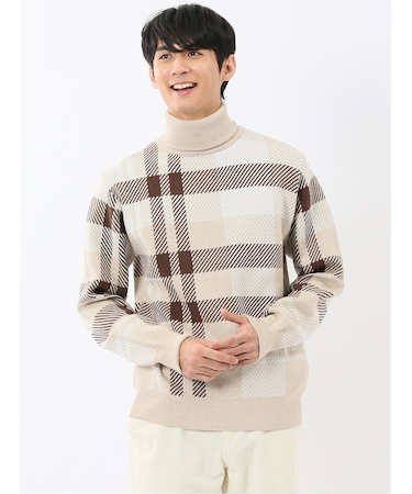 ウォッシャブル ストレッチ チェック柄 タートルニット