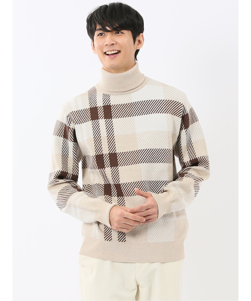 ウォッシャブル ストレッチ チェック柄 タートルニット