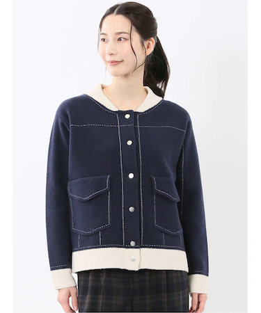 ウォッシャブル ステッチ風 ニットブルゾン