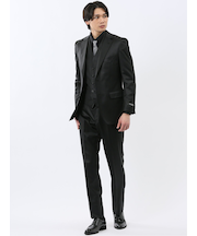 光沢ウール混 スリムフィット 2ボタン3ピーススーツ 黒無地
