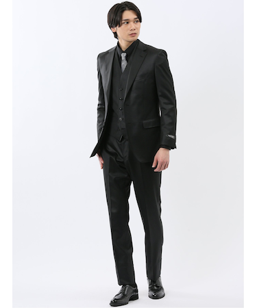 光沢ウール混 スリムフィット 2ボタン3ピーススーツ 黒無地