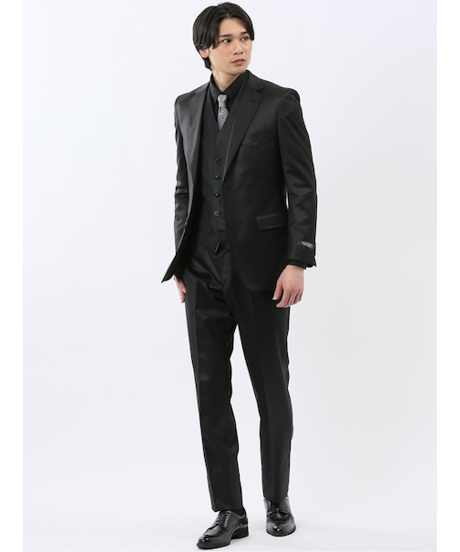 光沢ウール混 スリムフィット 2ボタン3ピーススーツ 黒無地