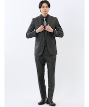 光沢ウール混 スリムフィット 2ボタン3ピーススーツ 組織グレー