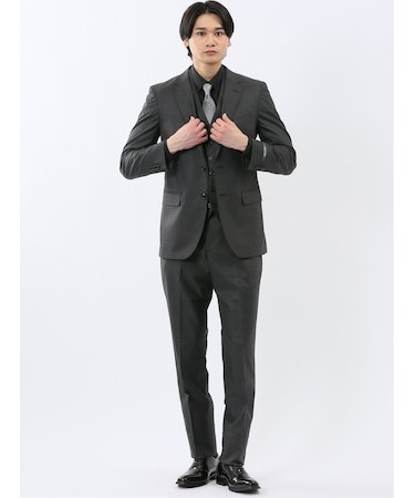 光沢ウール混 スリムフィット 2ボタン3ピーススーツ 組織グレー