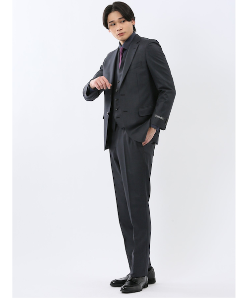 光沢ウール混 スリムフィット 2ボタン3ピーススーツ 組織紺｜エムエフ