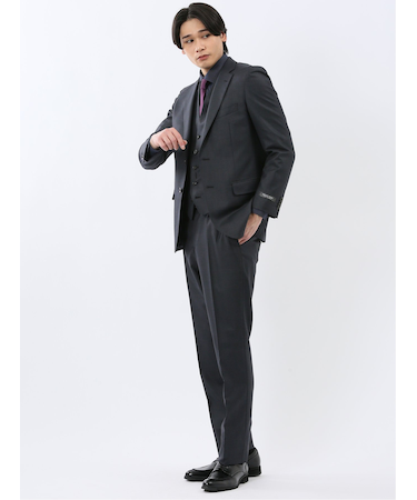 光沢ウール混 スリムフィット 2ボタン3ピーススーツ 組織紺