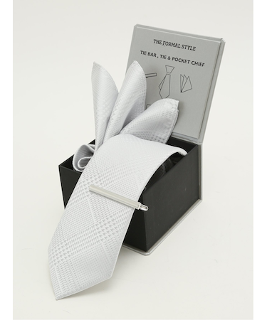 フォーマルネクタイ＆チーフ＆タイバー BOXセット グレンチェック