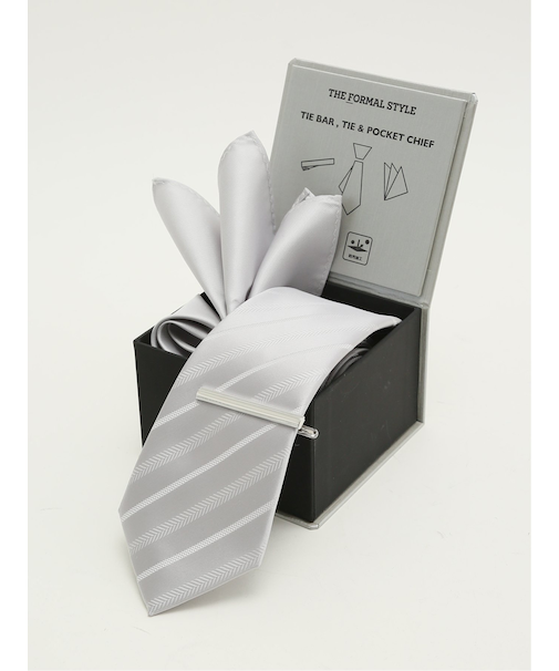 フォーマルネクタイ＆チーフ＆タイバー BOXセット ストライプ
