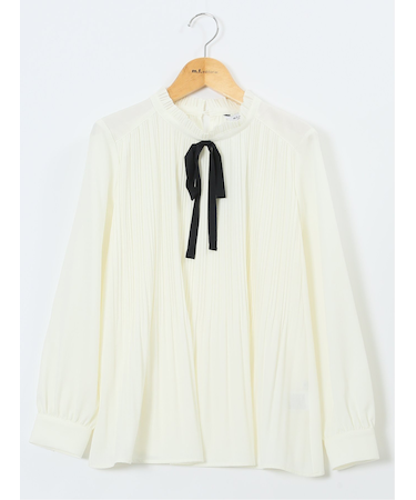 前身プリーツ リボン 長袖プルオーバーブラウス