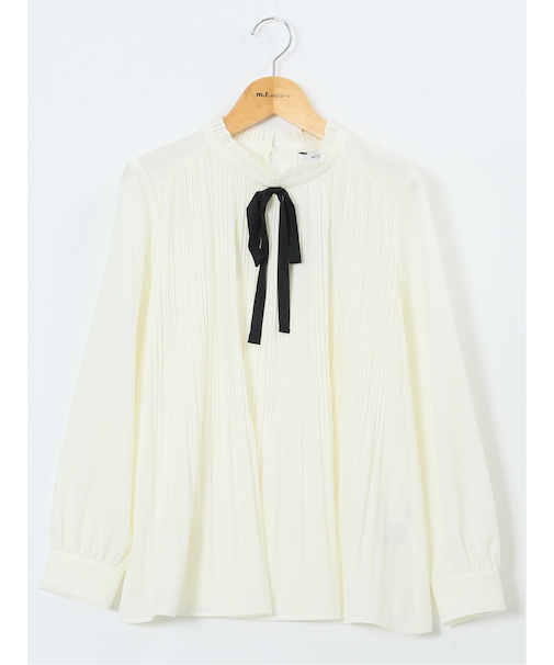 前身プリーツ リボン 長袖プルオーバーブラウス