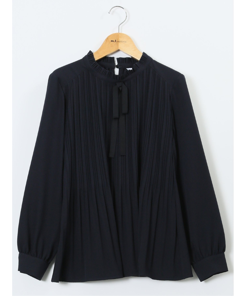前身プリーツ リボン 長袖プルオーバーブラウス
