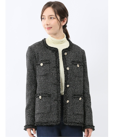 ファンシーツイード ノーカラージャケット 黒