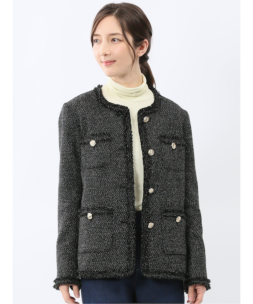 ファンシーツイード ノーカラージャケット 黒