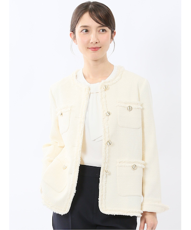 ファンシーツイード ノーカラージャケット アイボリー