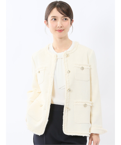 ファンシーツイード ノーカラージャケット アイボリー
