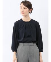 金具付きボウタイ風 7分袖プルオーバーブラウス