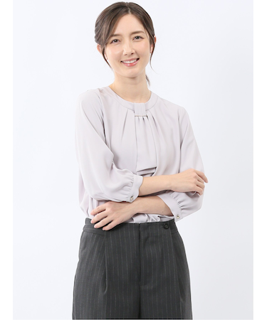 金具付きボウタイ風 7分袖プルオーバーブラウス