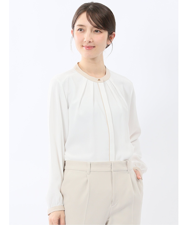 バンドカラー配色 比翼 長袖ブラウス