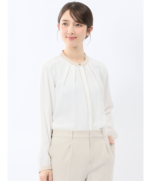 バンドカラー配色 比翼 長袖ブラウス