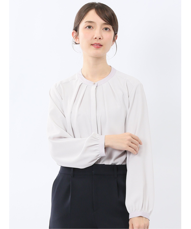 バンドカラー配色 比翼 長袖ブラウス