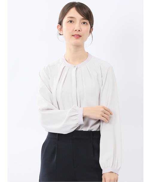 バンドカラー配色 比翼 長袖ブラウス