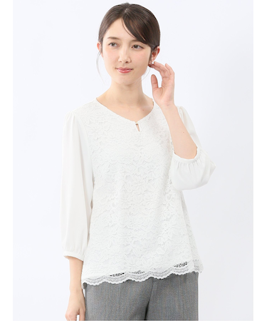 前身レース 7分袖プルオーバーブラウス