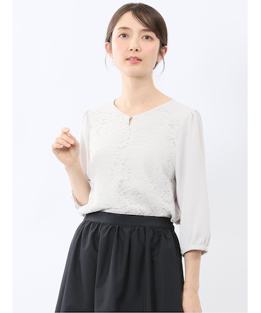 前身レース 7分袖プルオーバーブラウス