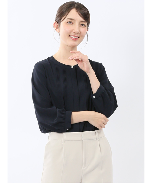 ピンタック 8分袖プルオーバーブラウス