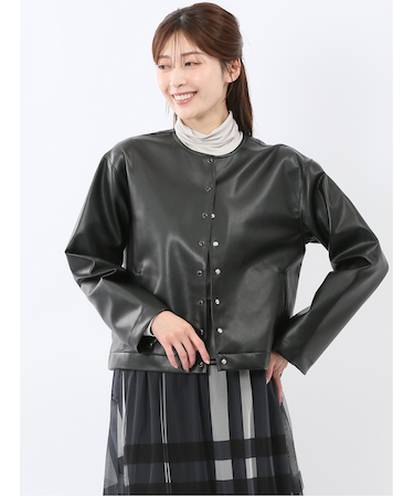 合成皮革 ノーカラーブルゾン