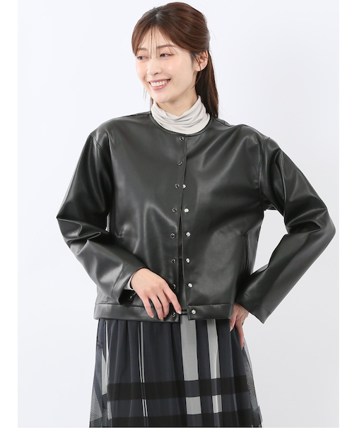 合成皮革 ノーカラーブルゾン