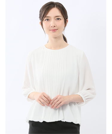 消しプリーツ 7分袖プルオーバーブラウス