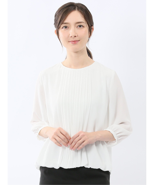 消しプリーツ 7分袖プルオーバーブラウス