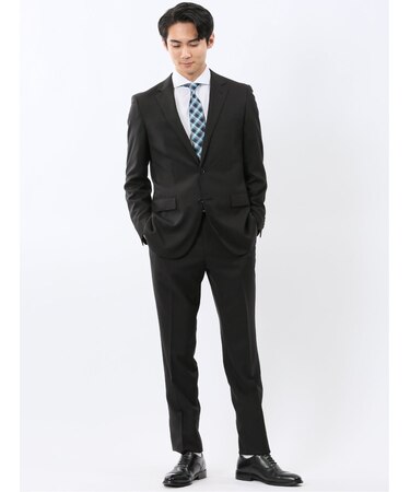 ストレッチウォッシャブル スリムフィット 2ボタン2ピーススーツ 組織黒