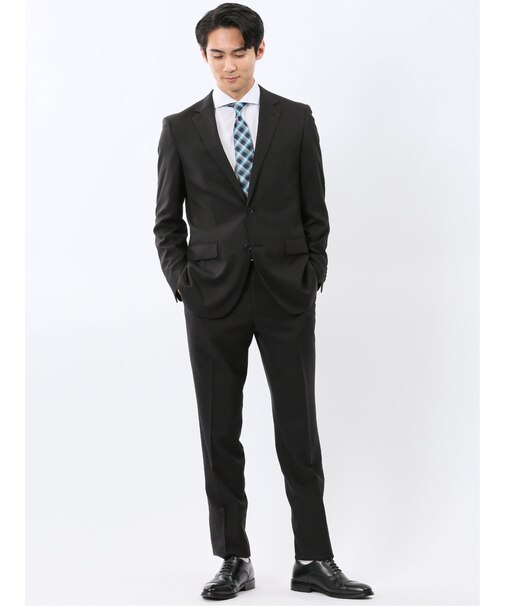 ストレッチウォッシャブル スリムフィット 2ボタン2ピーススーツ 組織黒