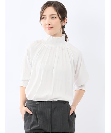 ビンテージサテン シャーリング ハイネック プルオーバー ブラウス