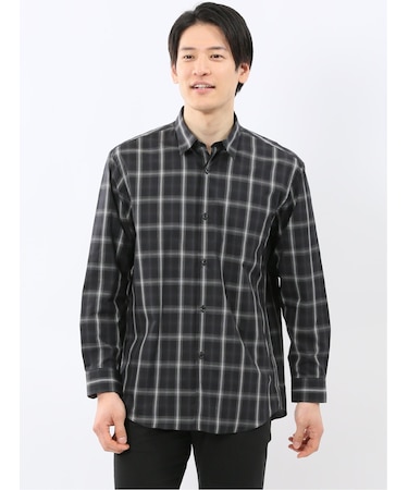 ストレッチ 綿チェック レギュラーカラー 長袖 シャツ