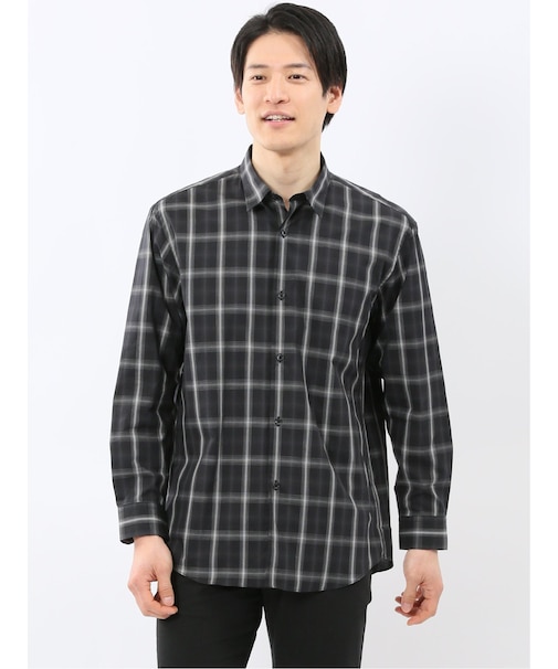 ストレッチ 綿チェック レギュラーカラー 長袖 シャツ