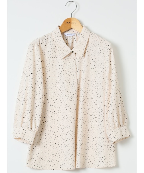 ドット柄 ボウタイ 7分袖 スキッパー ブラウス