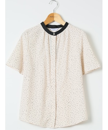ドット柄 配色 バンドカラー 比翼 半袖 ブラウス