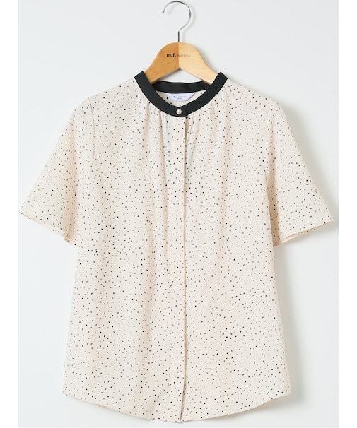 ドット柄 配色 バンドカラー 比翼 半袖 ブラウス