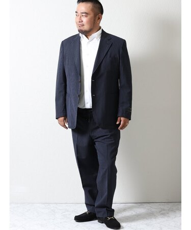 【大きいサイズ】アレキサンダージュリアン/ALEXANDER JULIAN ITALY サッカーストライプ柄 2ボタン2ピーススーツ 紺