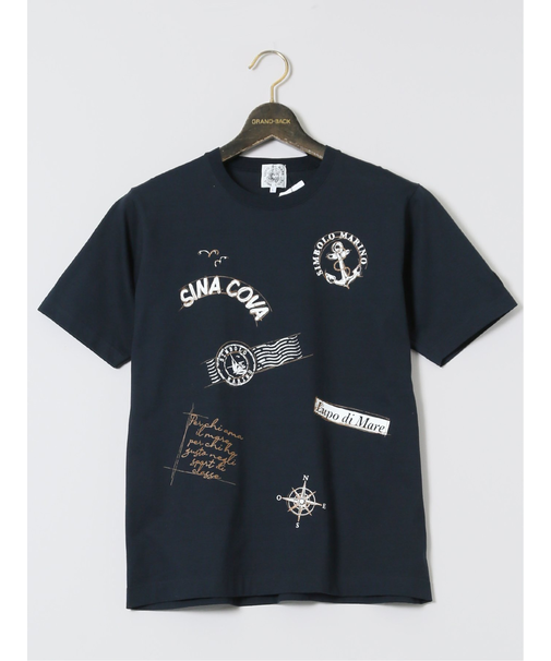 【大きいサイズ】シナコバ/SINA COVA 綿天竺 マリン クルーネック半袖Tシャツ
