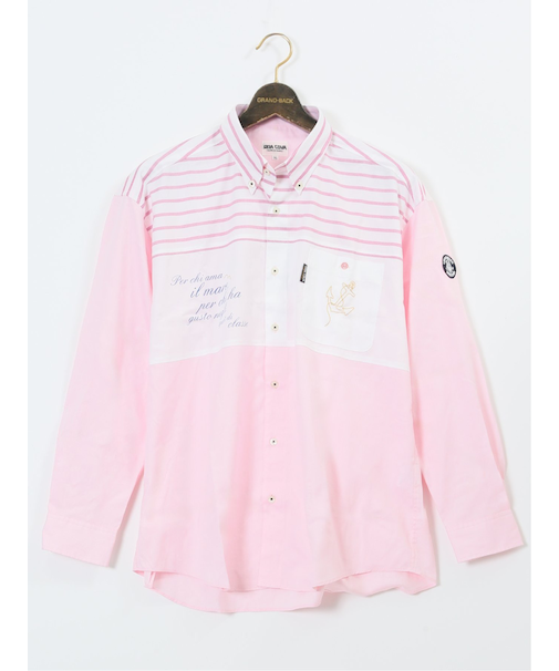 【大きいサイズ】シナコバ/SINA COVA 綿切り替えボーダー ボタンダウン長袖シャツ