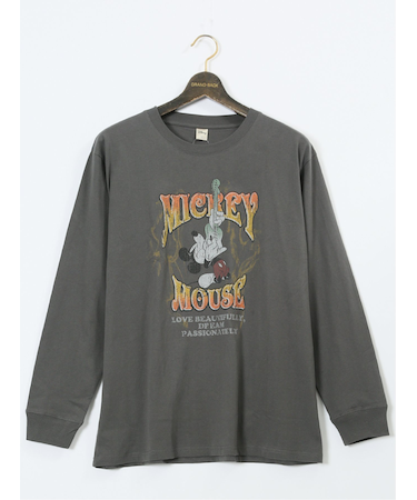 【大きいサイズ】ミッキーマウス ピグメント風プリント クルーネック長袖Ｔシャツ