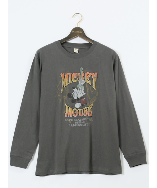 【大きいサイズ】ミッキーマウス ピグメント風プリント クルーネック長袖Ｔシャツ