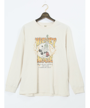 【大きいサイズ】ミッキーマウス ピグメント風プリント クルーネック長袖Tシャツ