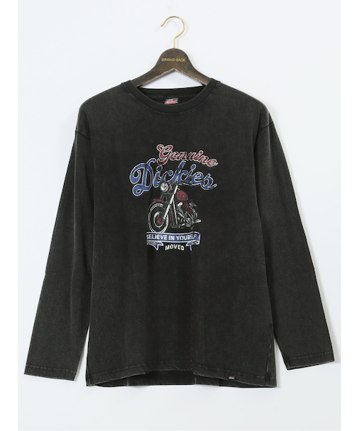 【大きいサイズ】ジュニュイン ディッキーズ/Genuine Dickies パウダーブリーチ加工プリント クルーネック長袖Ｔシャツ